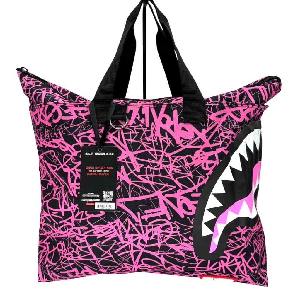 Sprayground Pink Graffiti Shark Tote Bag NWT Rare Streetwear Carryall Duffle - Picture 2 of 13